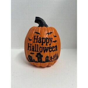 Happy Halloween Engraved Resin Pumpkin 7” Bats Headstones RIP Orange Black